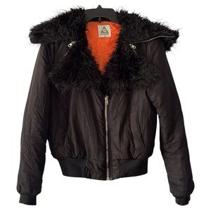 UNIF‎ Vintage Cropped Black Bomber Jacket Faux Fur Moto Zip Coat